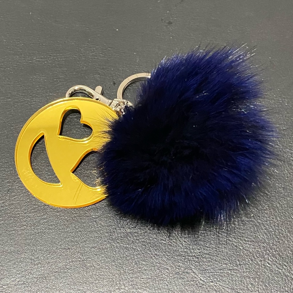 Blue Gold Pompom Fur Ball Smiley Keychain Key Ring Holder Bag Purse Accessories